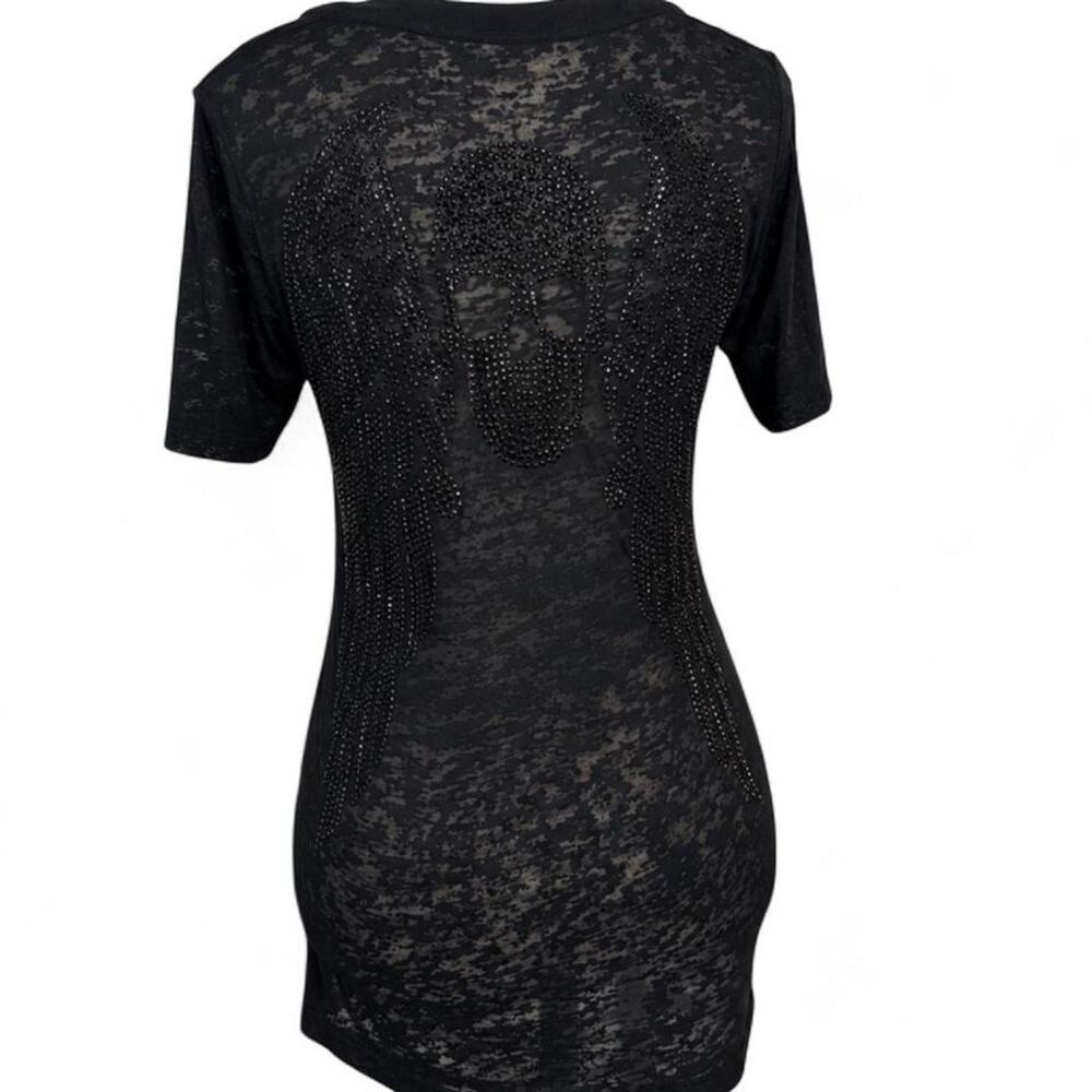 Black Sheer Vintage Skull Angel Wing rhinestone short sleeve shirt Size Large